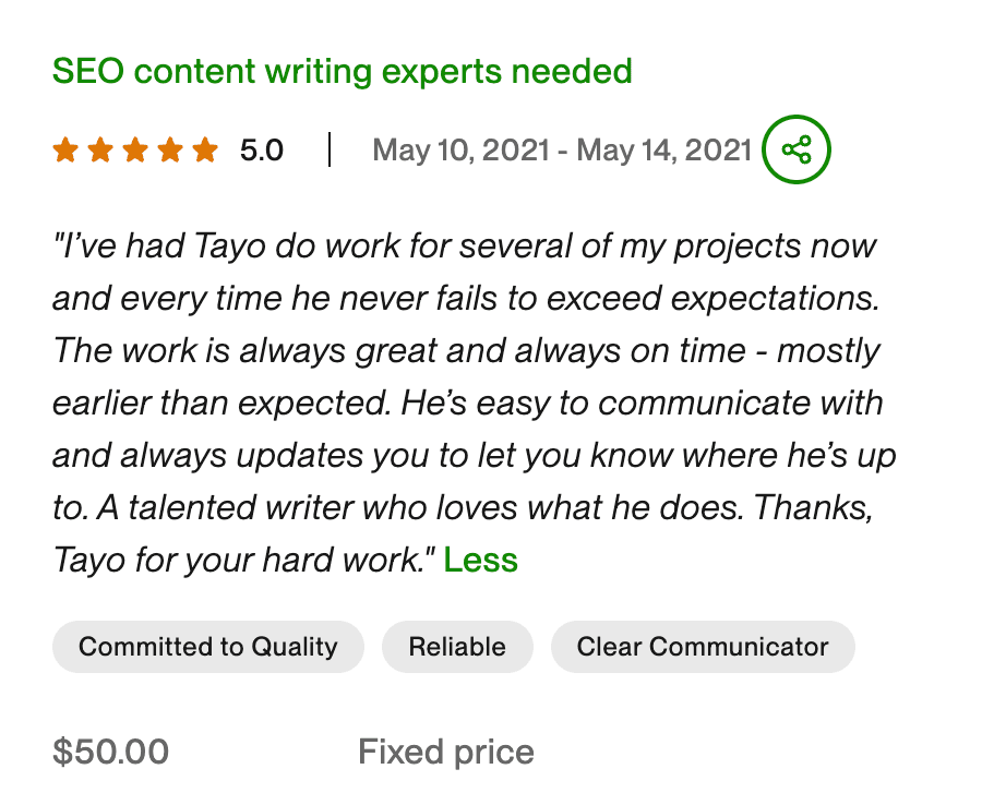 Upwork testimonial on a blog writing project