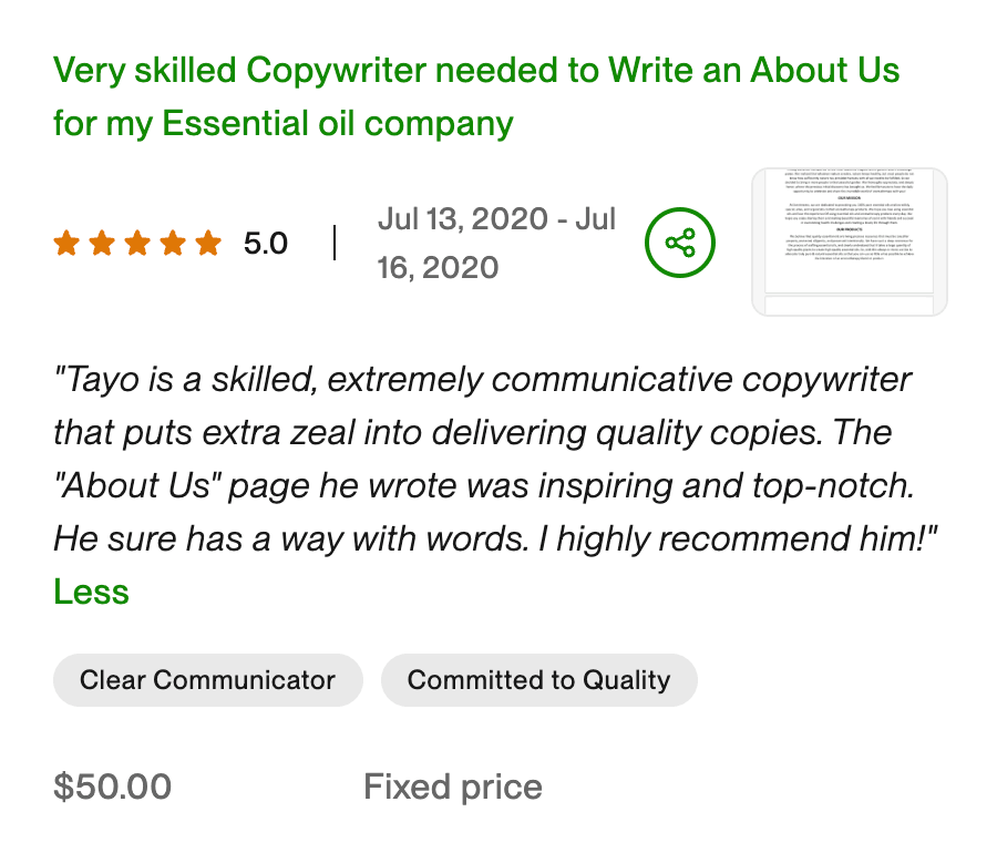Upwork testimonial on a blog writing project