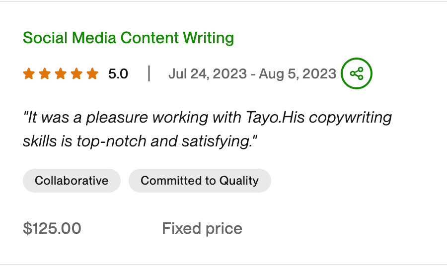 Upwork testimonial on a content writing project