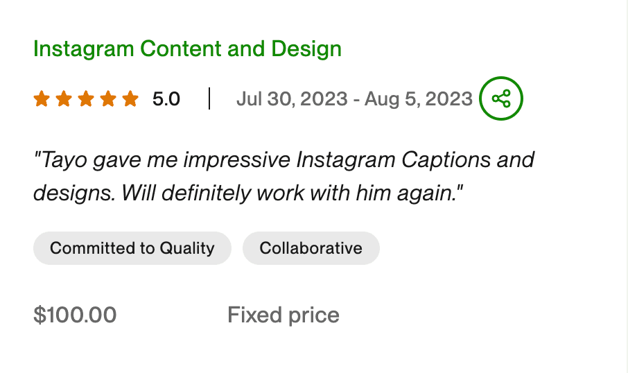 Upwork testimonial on a content writing project