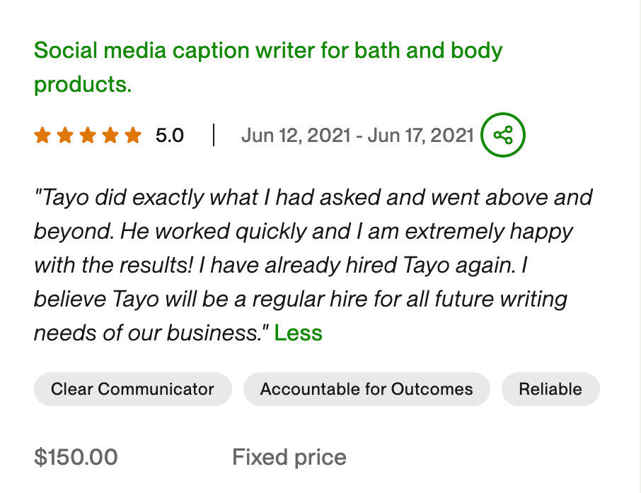 Upwork testimonial on a content writing project
