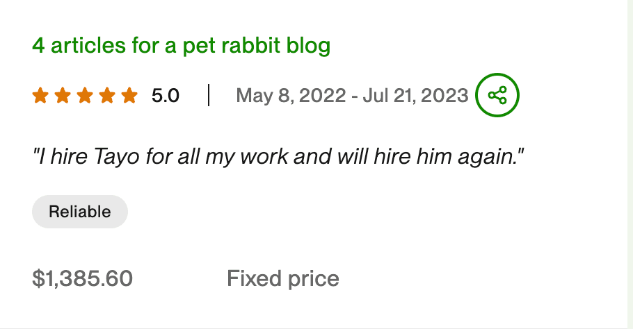 Upwork testimonial on an SEO engagement