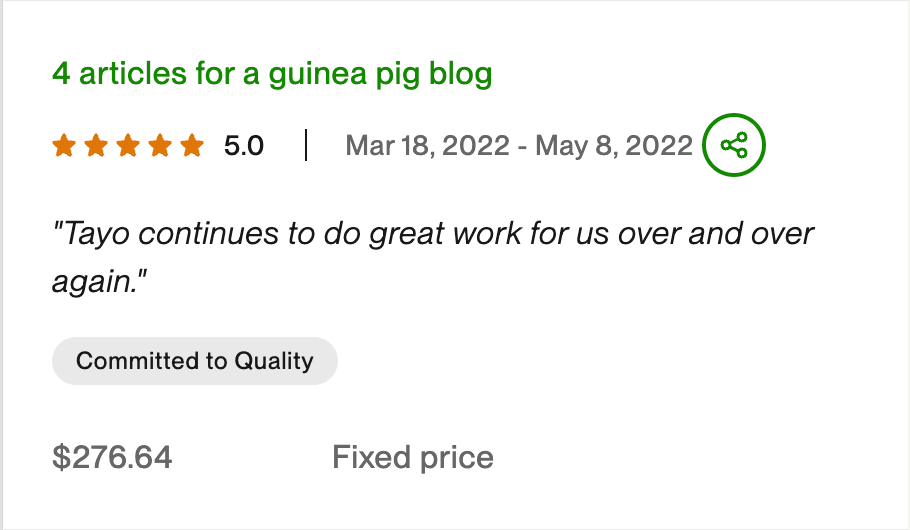 Upwork testimonial on an SEO engagement