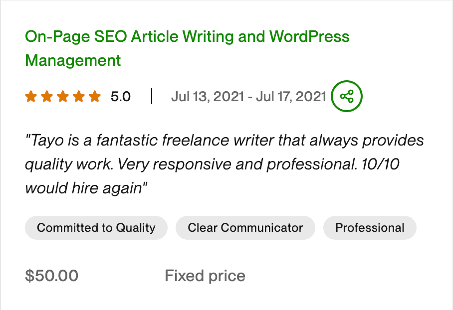 Upwork testimonial on an SEO engagement