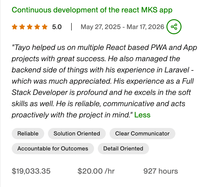 Upwork testimonial on a software engineering project