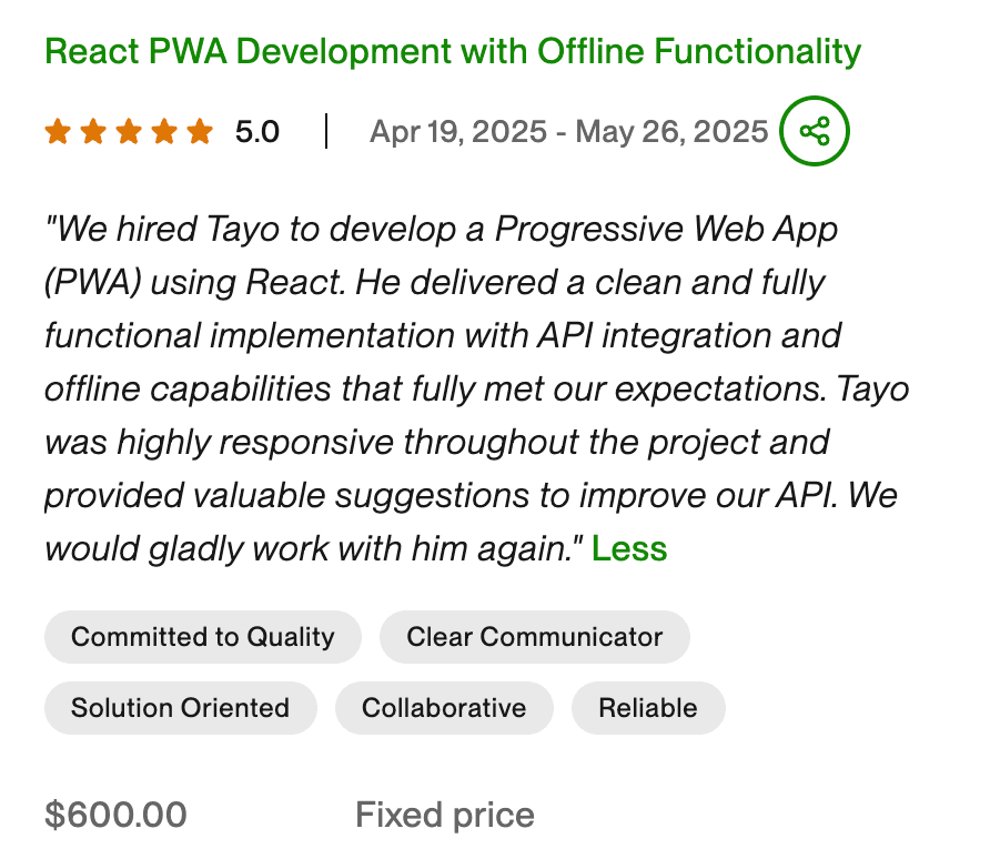 Upwork testimonial on a software engineering project