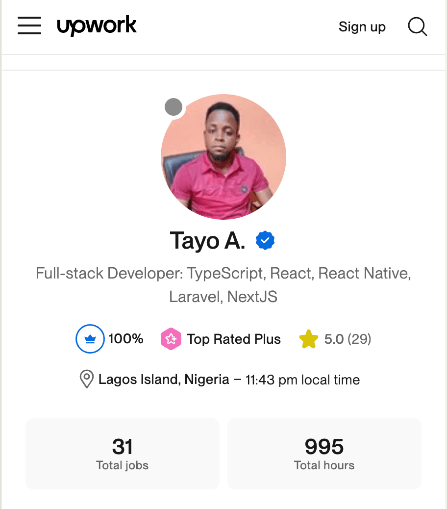 Tayo Adepetu's public Upwork profile showing Top-rated Plus status, 100% job success rate, and earnings
