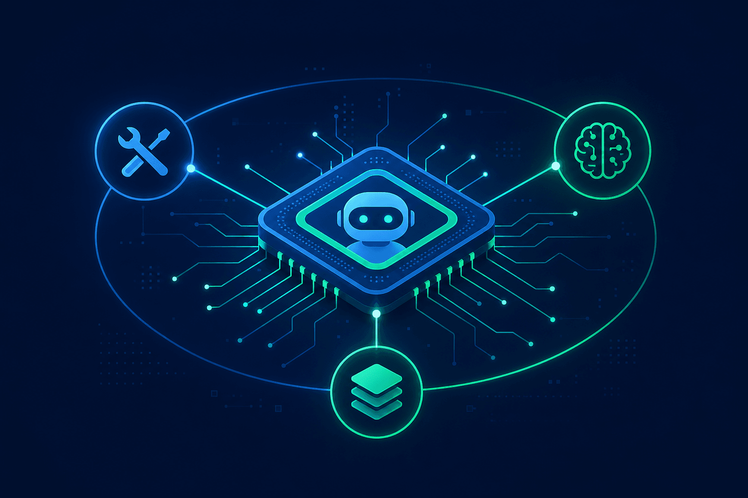 Stylized CPU chip orchestrating AI agent tools and memory nodes