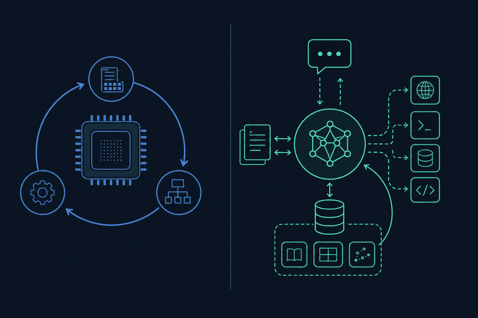 Diagram comparing classical CPU orchestration with AI agent tool-calling and retrieval