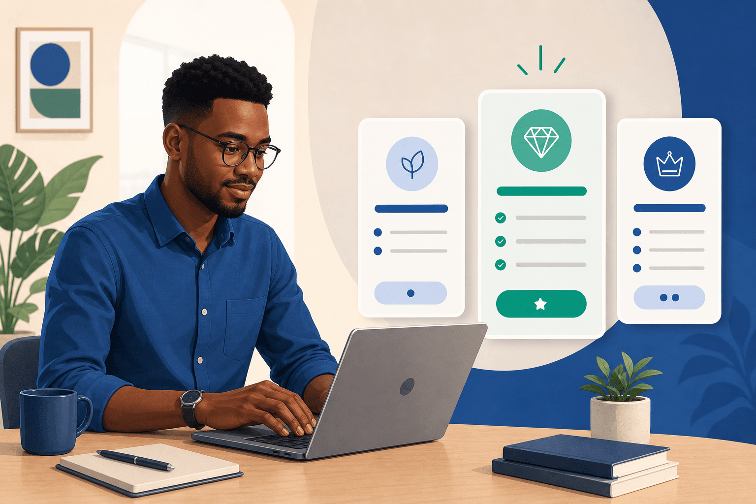 Freelancer reviewing tiered service packages on a laptop